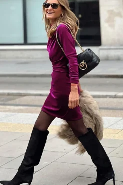 Online Dear-Lover Velvet Mock Neck Ruched Long Sleeve Bodycon Dress Pitaya Pink