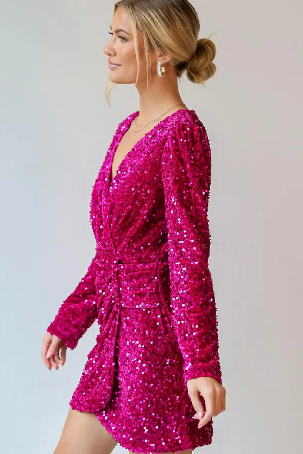 Discount Dear-Lover Velvet Sequin Long Sleeve V Neck Wrapped Mini Dress Pitaya Pink