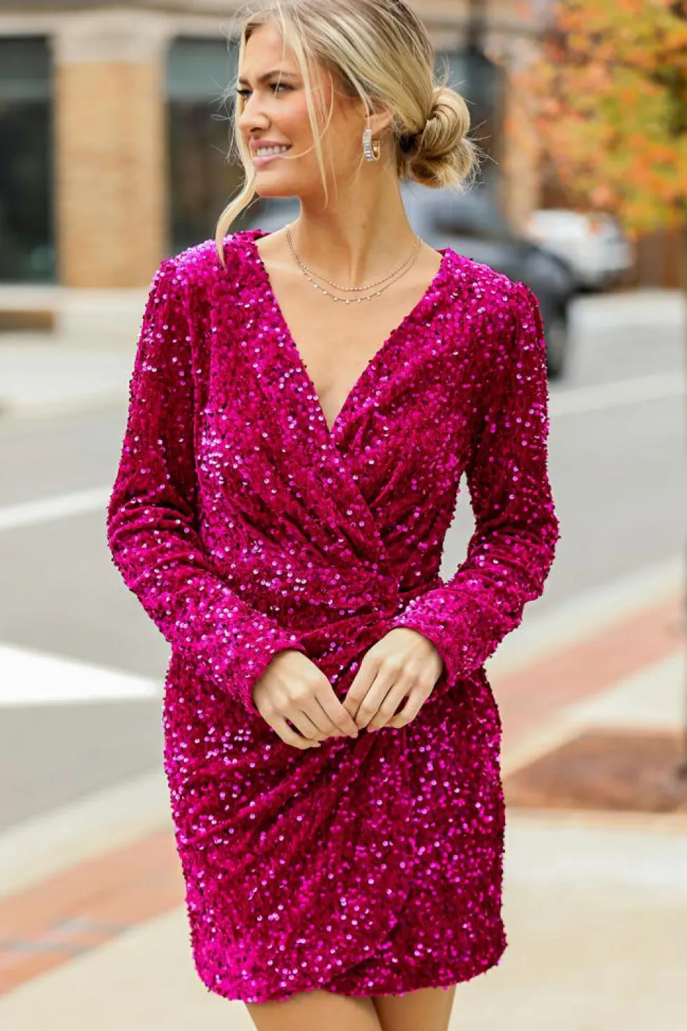 Discount Dear-Lover Velvet Sequin Long Sleeve V Neck Wrapped Mini Dress Pitaya Pink