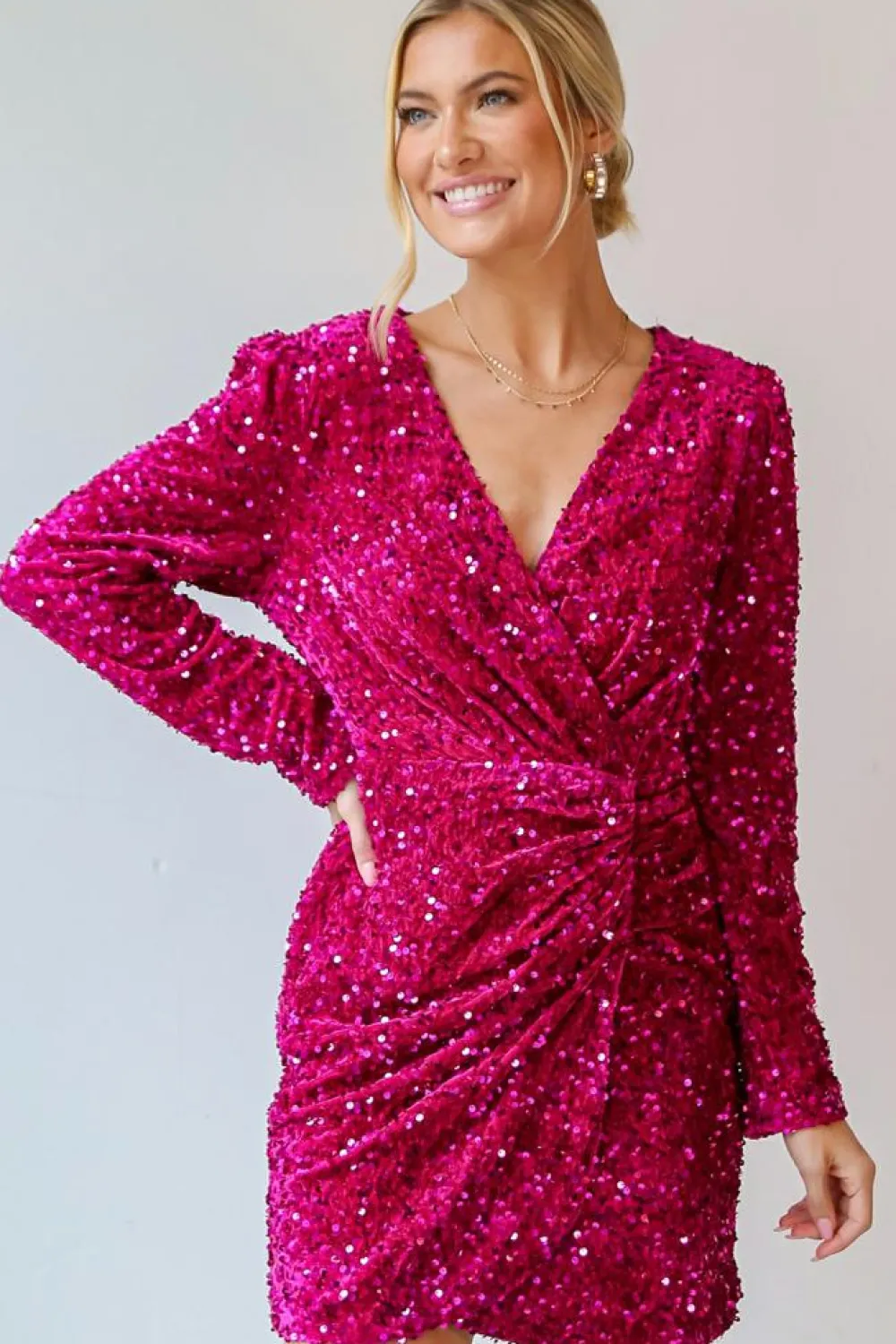 Discount Dear-Lover Velvet Sequin Long Sleeve V Neck Wrapped Mini Dress Pitaya Pink