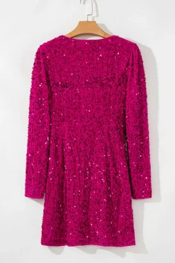 Discount Dear-Lover Velvet Sequin Long Sleeve V Neck Wrapped Mini Dress Pitaya Pink