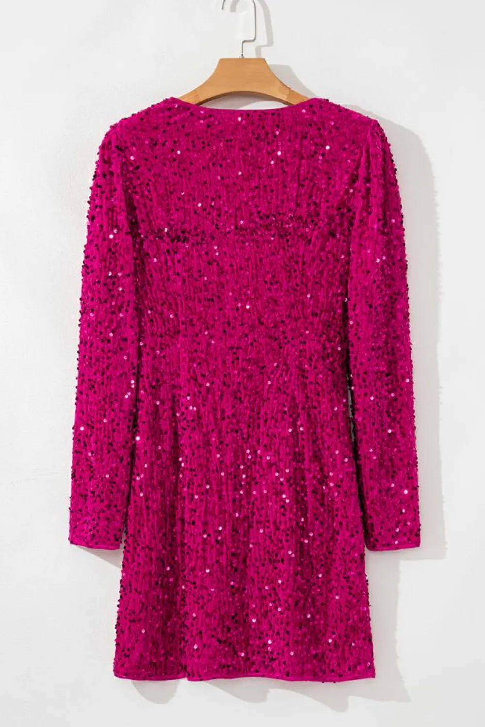 Discount Dear-Lover Velvet Sequin Long Sleeve V Neck Wrapped Mini Dress Pitaya Pink