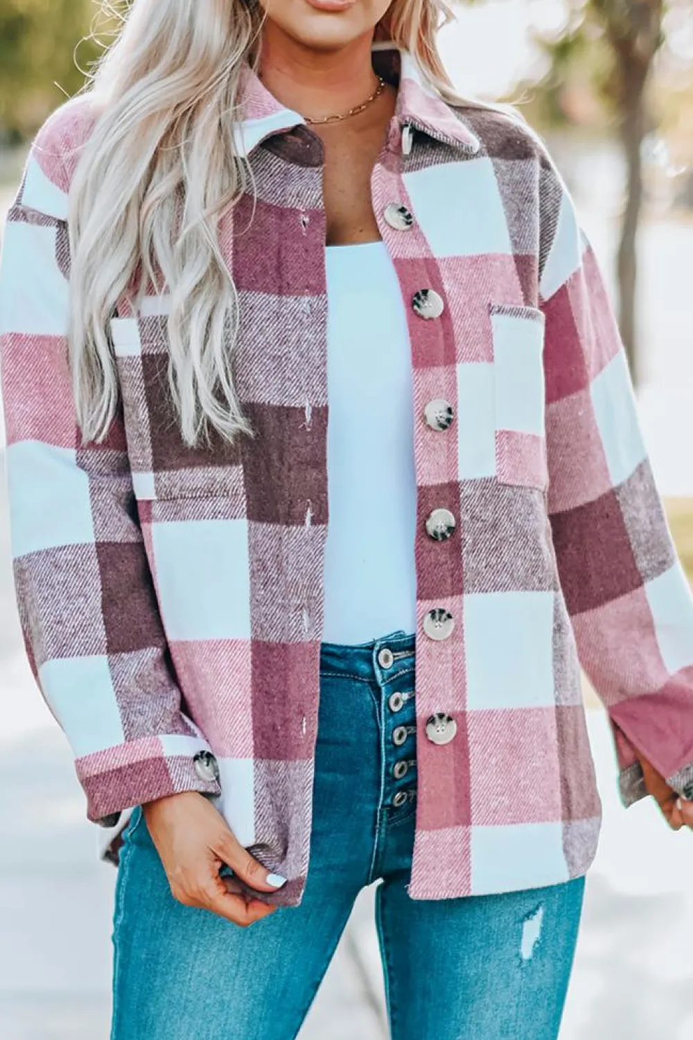 Discount Dear-Lover Plaid Color Block Buttoned Long Sleeve Jacket with Pocket Fiery Red