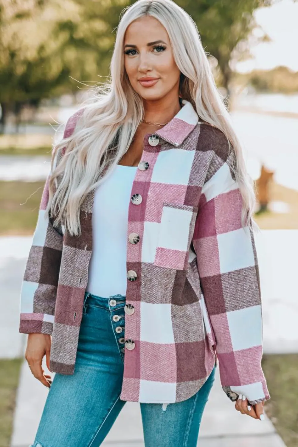 Discount Dear-Lover Plaid Color Block Buttoned Long Sleeve Jacket with Pocket Fiery Red