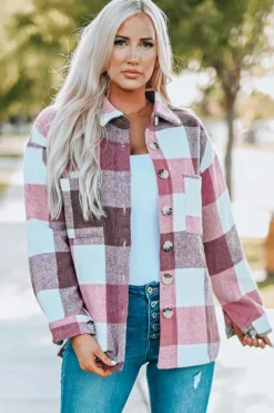 Discount Dear-Lover Plaid Color Block Buttoned Long Sleeve Jacket with Pocket Fiery Red