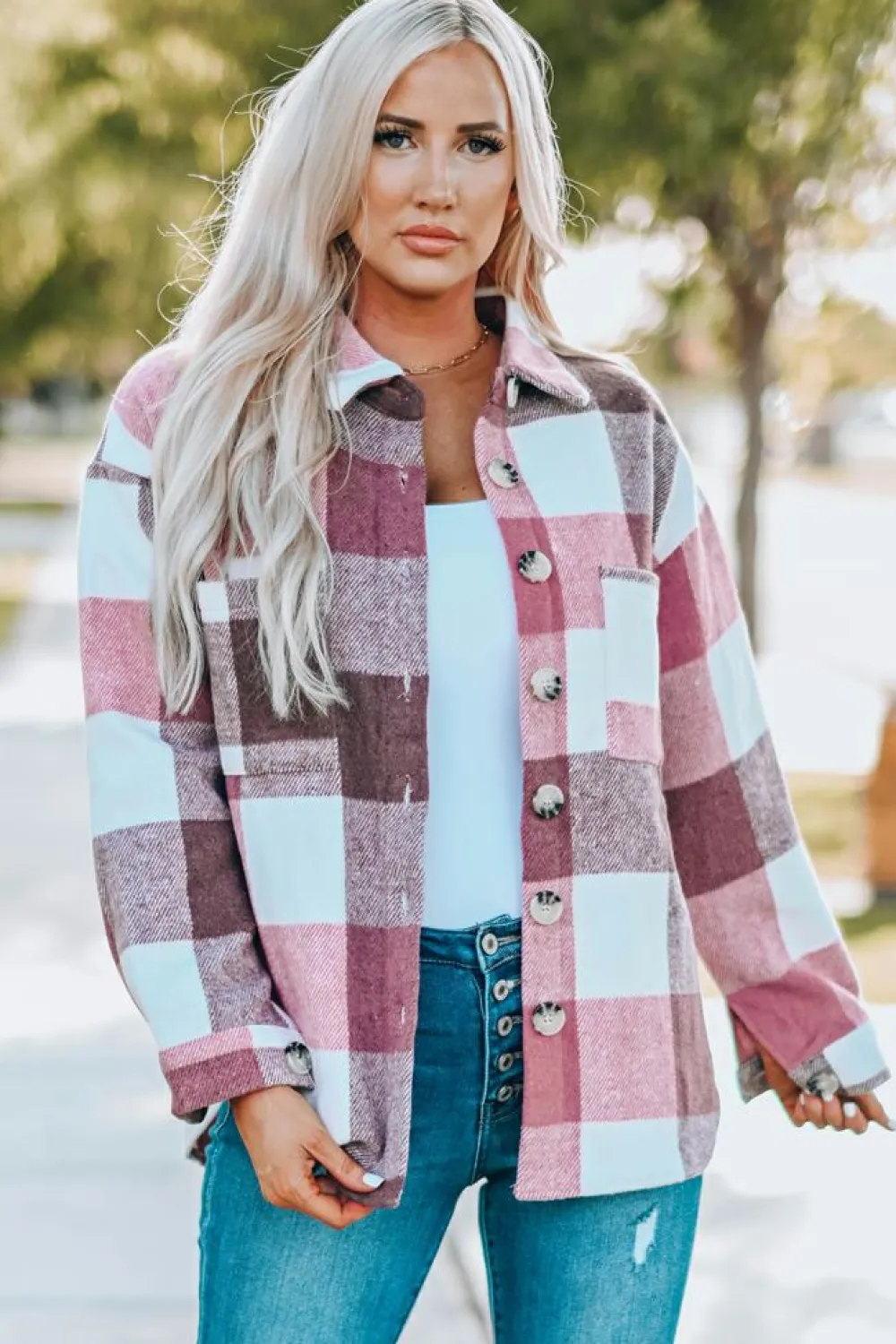 Discount Dear-Lover Plaid Color Block Buttoned Long Sleeve Jacket with Pocket Fiery Red