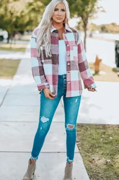 Discount Dear-Lover Plaid Color Block Buttoned Long Sleeve Jacket with Pocket Fiery Red