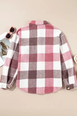 Discount Dear-Lover Plaid Color Block Buttoned Long Sleeve Jacket with Pocket Fiery Red