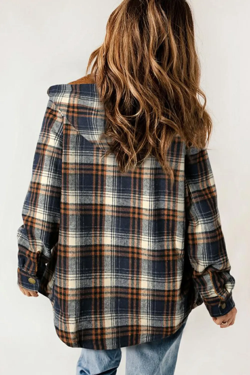 Outlet Dear-Lover Plaid Pattern Sherpa Lined Hooded Shacket Blue-2