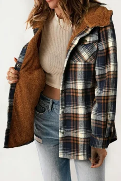 Outlet Dear-Lover Plaid Pattern Sherpa Lined Hooded Shacket Blue-2