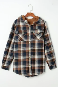 Outlet Dear-Lover Plaid Pattern Sherpa Lined Hooded Shacket Blue-2