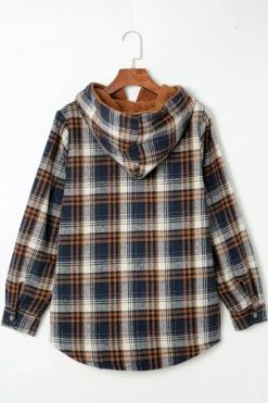 Outlet Dear-Lover Plaid Pattern Sherpa Lined Hooded Shacket Blue-2
