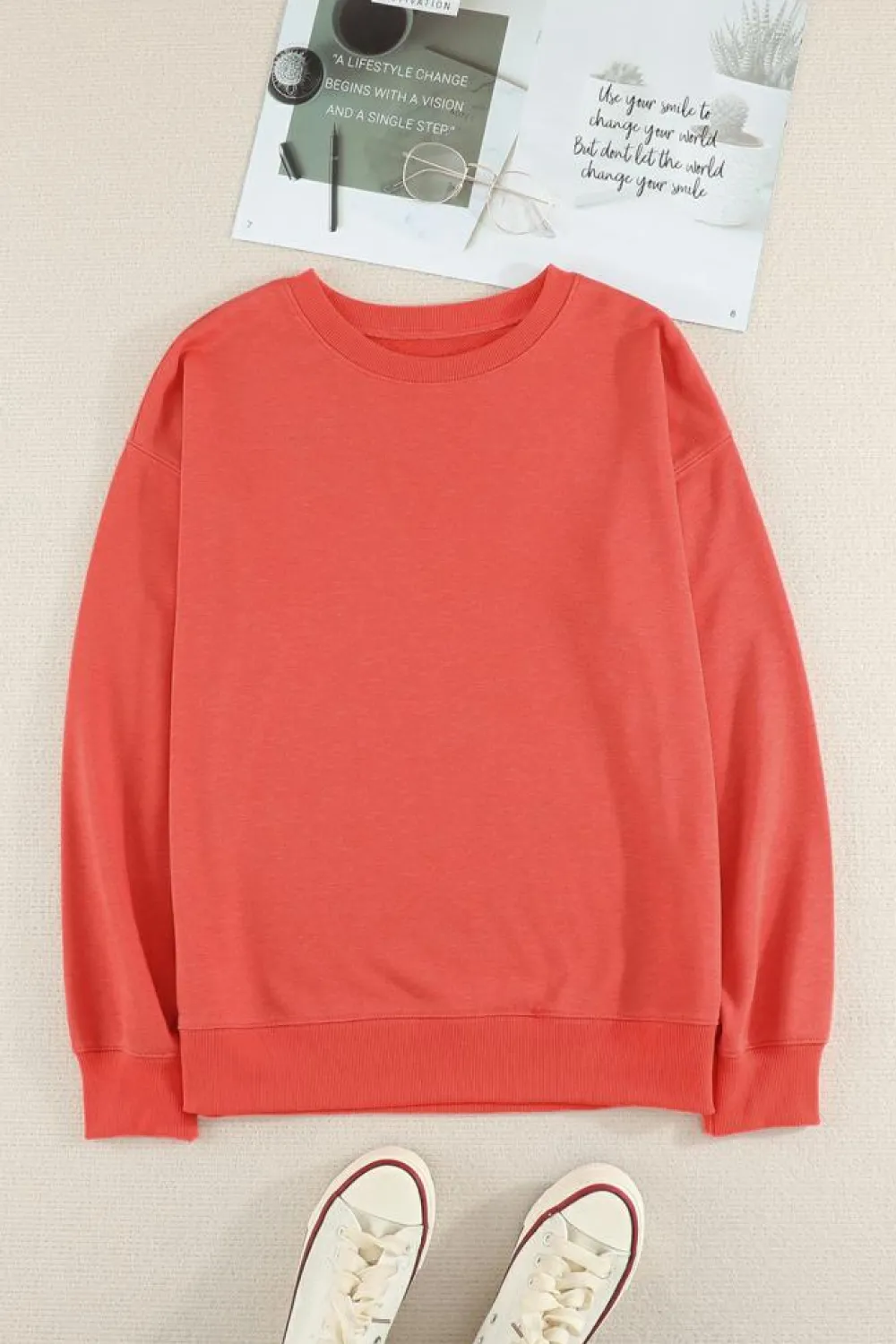 Outlet Dear-Lover Plain Crew Neck Pullover Sweatshirt Fiery Red