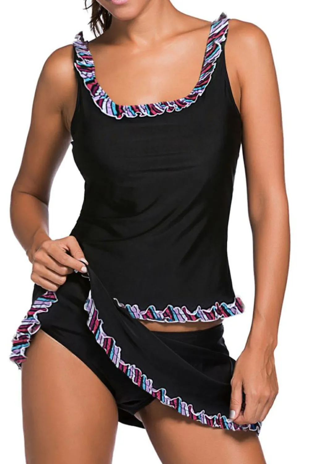 Discount Dear-Lover Plus Size Ruffle Trim Active Tank Top and Skort Swimsuit Black