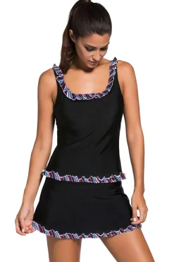 Discount Dear-Lover Plus Size Ruffle Trim Active Tank Top and Skort Swimsuit Black