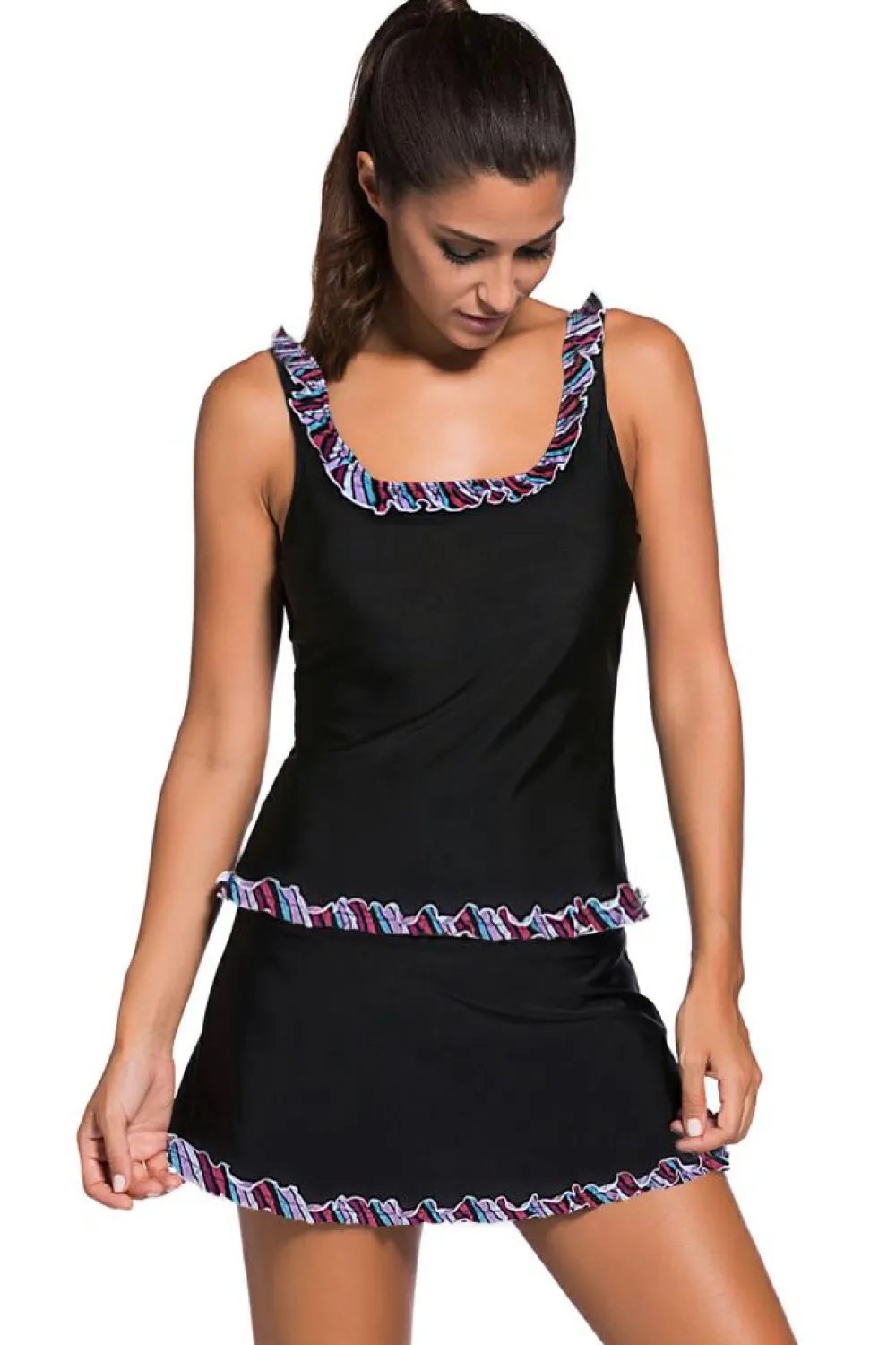 Discount Dear-Lover Plus Size Ruffle Trim Active Tank Top and Skort Swimsuit Black