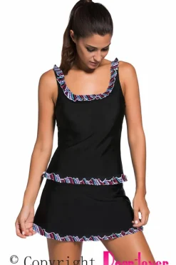 Discount Dear-Lover Plus Size Ruffle Trim Active Tank Top and Skort Swimsuit Black