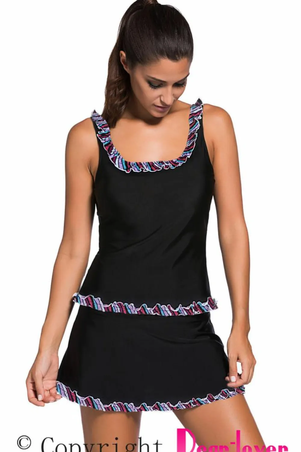 Discount Dear-Lover Plus Size Ruffle Trim Active Tank Top and Skort Swimsuit Black