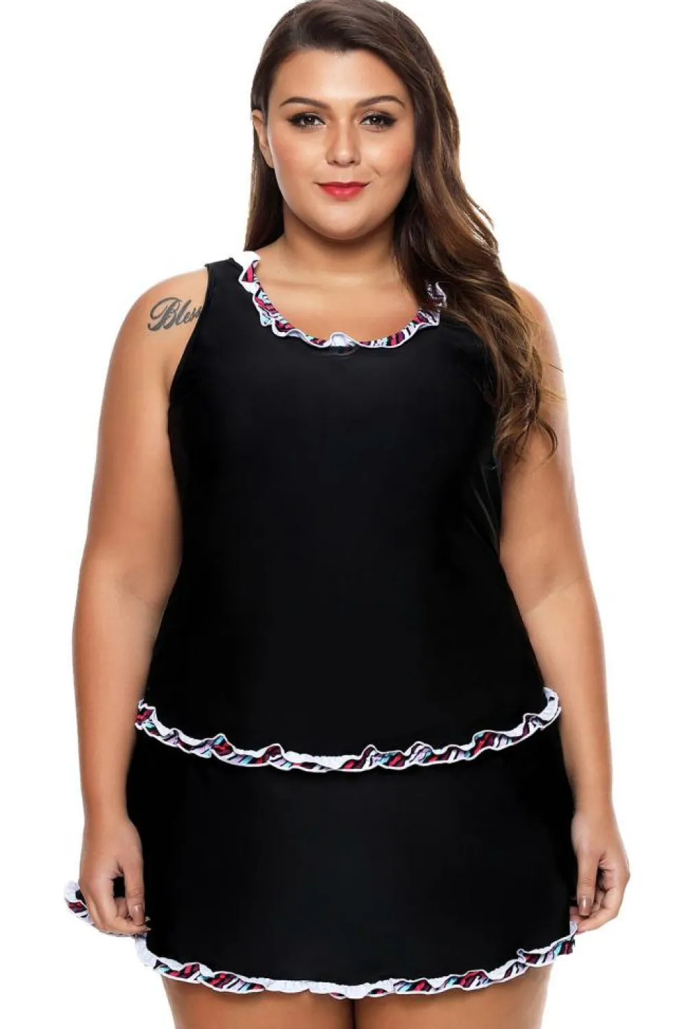 Discount Dear-Lover Plus Size Ruffle Trim Active Tank Top and Skort Swimsuit Black