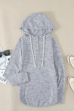 New Dear-Lover Pocket Design Buttoned Casual Hoodie Gray