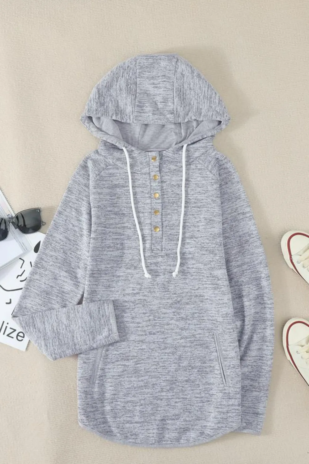New Dear-Lover Pocket Design Buttoned Casual Hoodie Gray