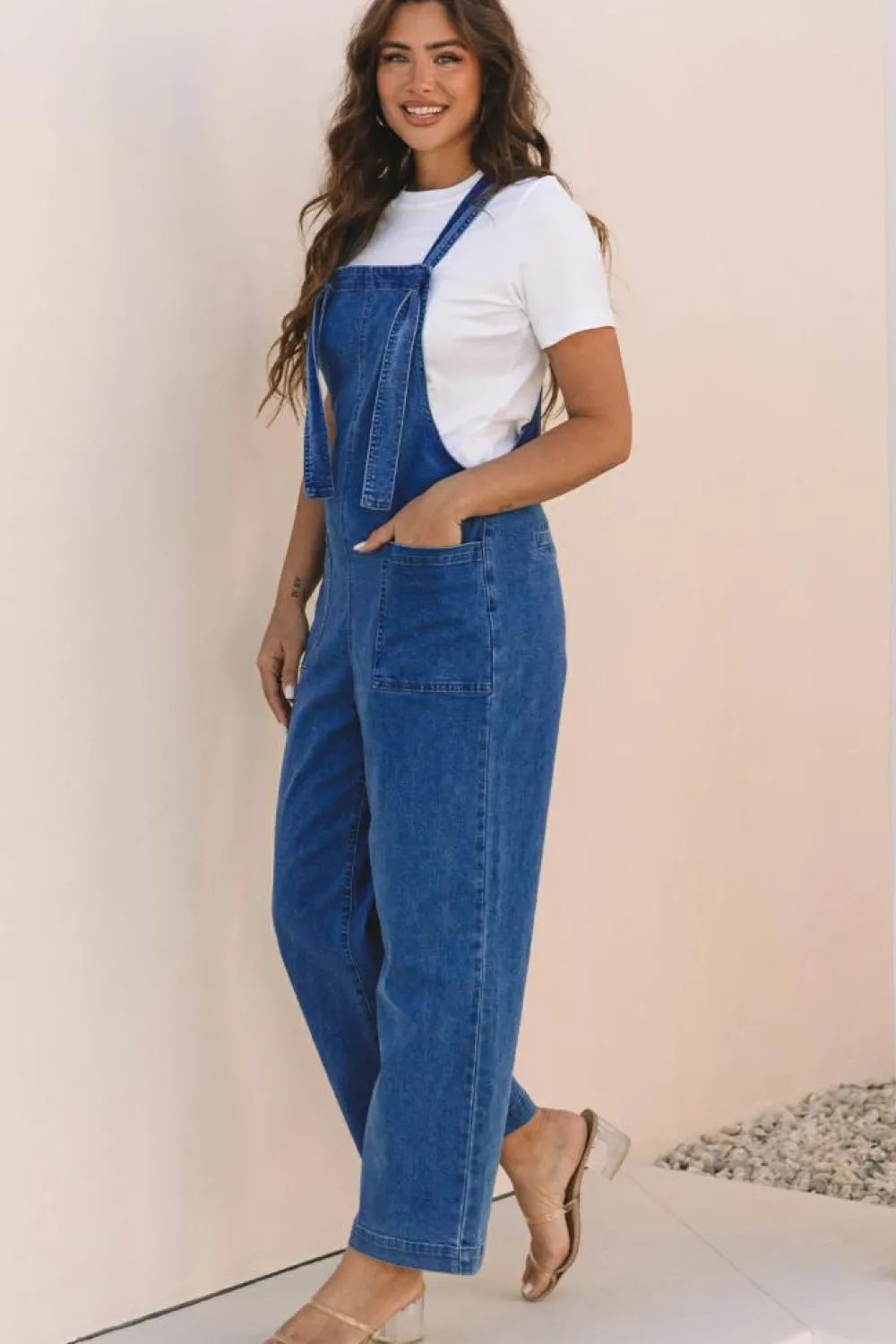 Discount Dear-Lover Mineral Wash Knotted Strap Patched Pocket Wide Leg Denim Overall Prussian Blue