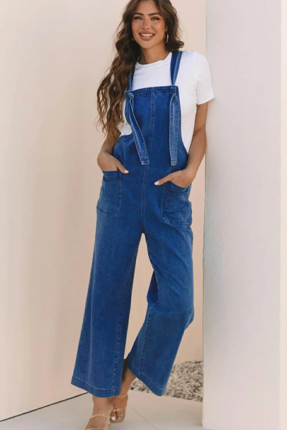 Discount Dear-Lover Mineral Wash Knotted Strap Patched Pocket Wide Leg Denim Overall Prussian Blue