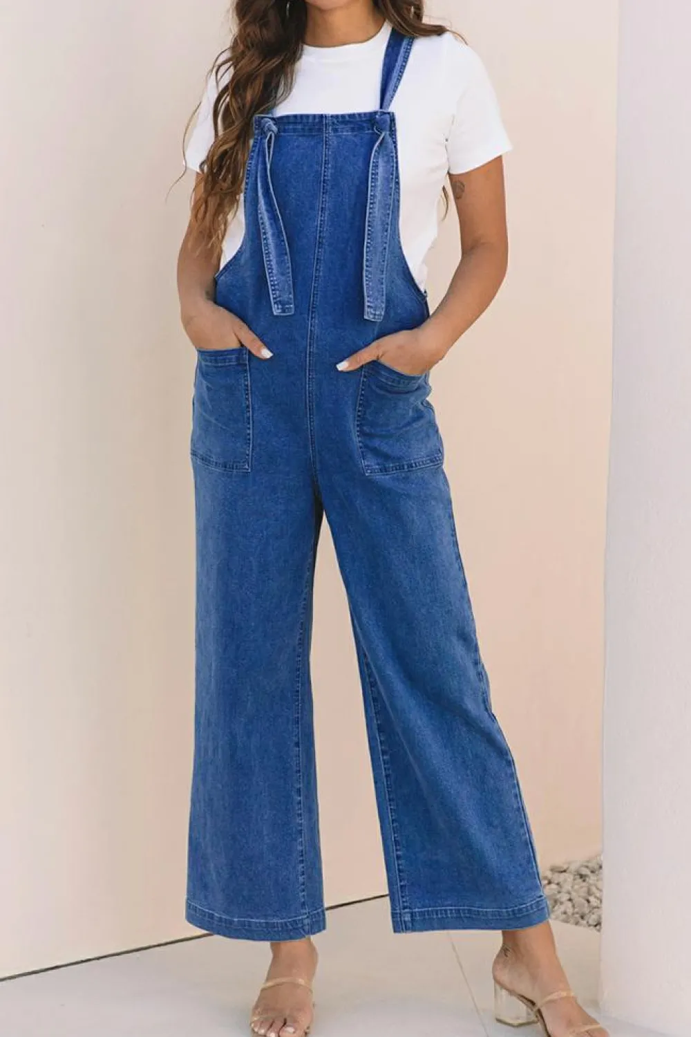 Discount Dear-Lover Mineral Wash Knotted Strap Patched Pocket Wide Leg Denim Overall Prussian Blue