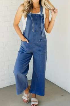 Discount Dear-Lover Mineral Wash Knotted Strap Patched Pocket Wide Leg Denim Overall Prussian Blue