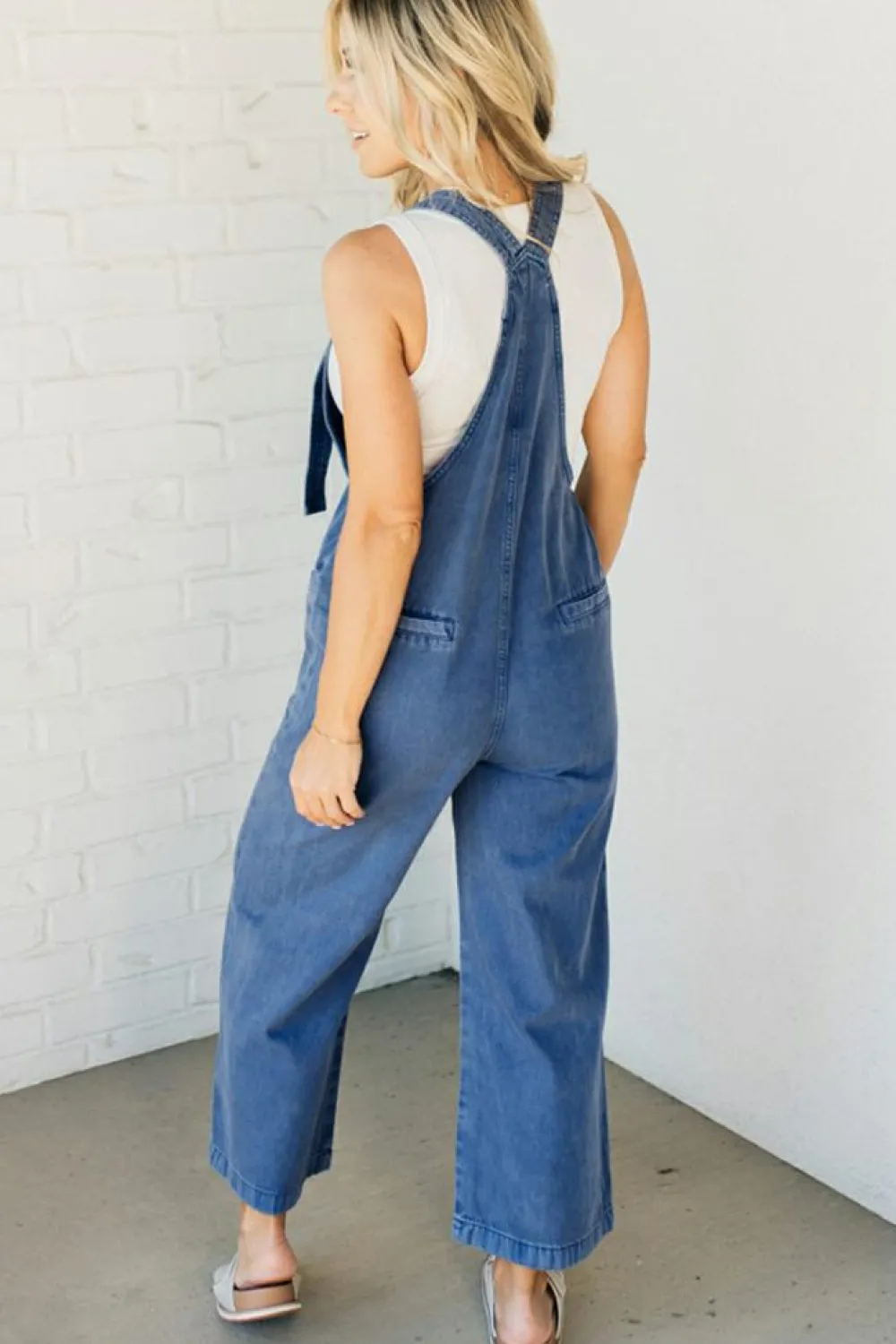 Discount Dear-Lover Mineral Wash Knotted Strap Patched Pocket Wide Leg Denim Overall Prussian Blue