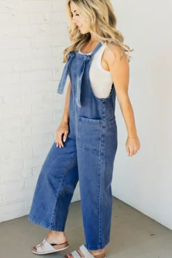 Discount Dear-Lover Mineral Wash Knotted Strap Patched Pocket Wide Leg Denim Overall Prussian Blue