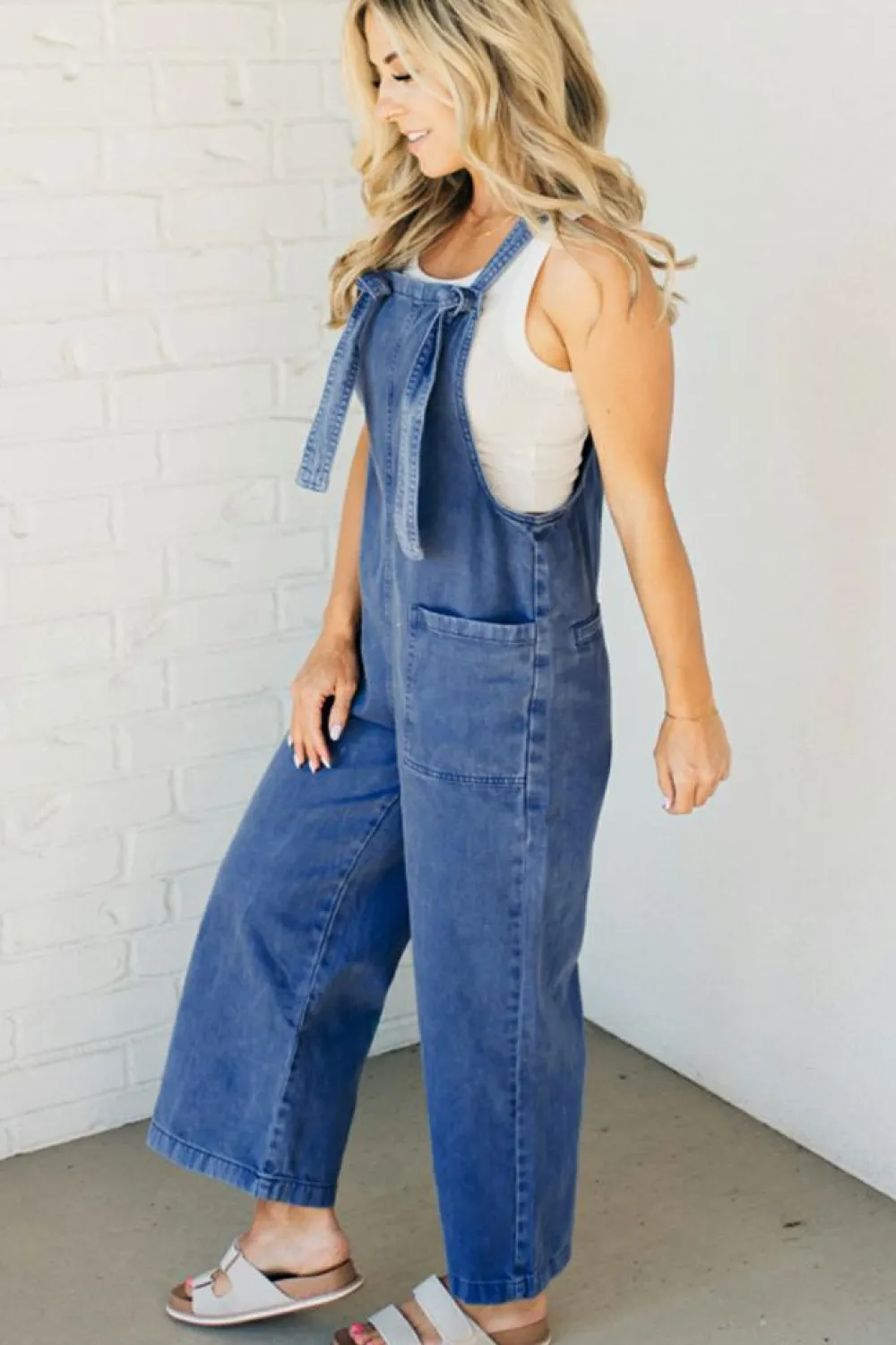 Discount Dear-Lover Mineral Wash Knotted Strap Patched Pocket Wide Leg Denim Overall Prussian Blue