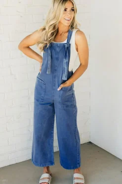 Discount Dear-Lover Mineral Wash Knotted Strap Patched Pocket Wide Leg Denim Overall Prussian Blue