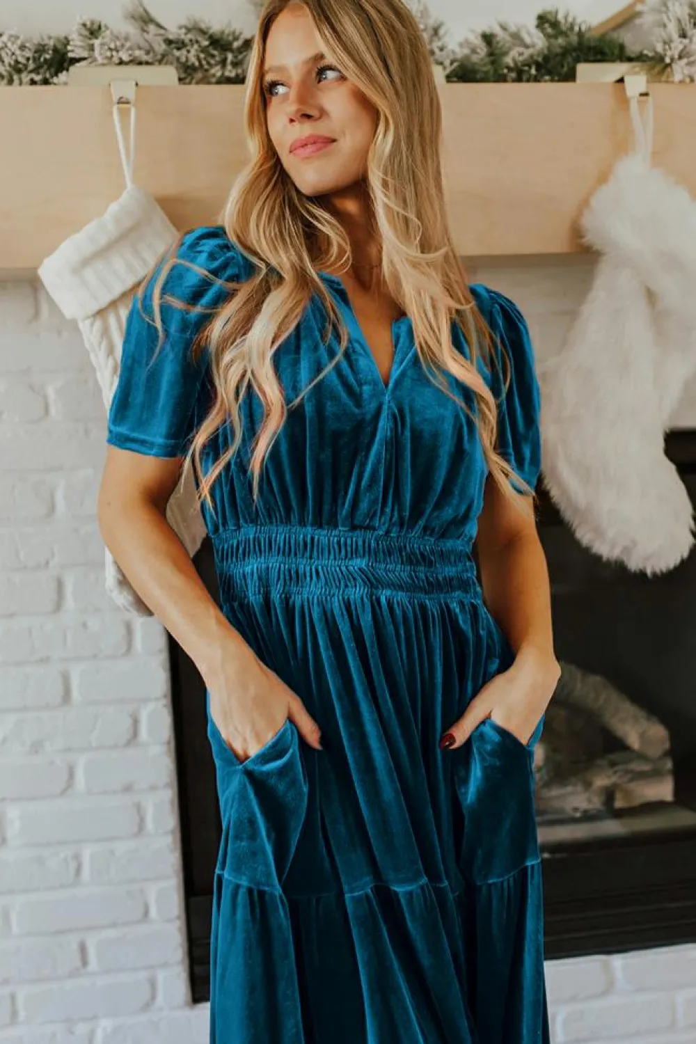 Sale Dear-Lover Velvet Short Sleeve Shirred Waist Tiered Maxi Dress Prussian Blue