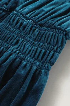 Sale Dear-Lover Velvet Short Sleeve Shirred Waist Tiered Maxi Dress Prussian Blue