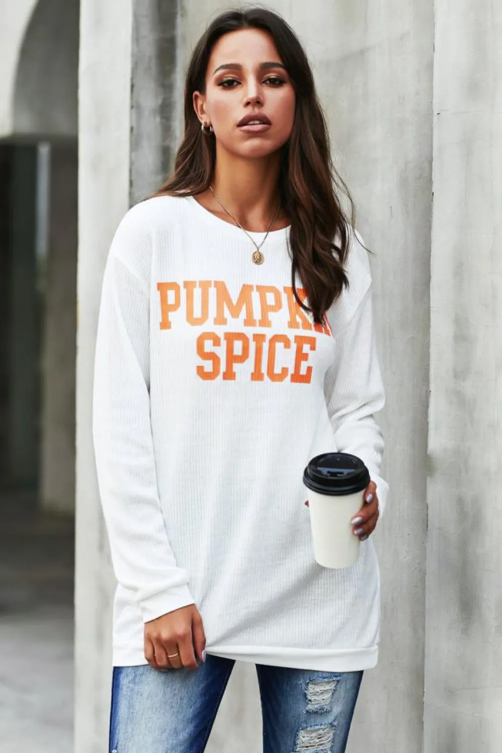 Best Dear-Lover PUMPKIN SPICE Graphic Pullover Knit Top White