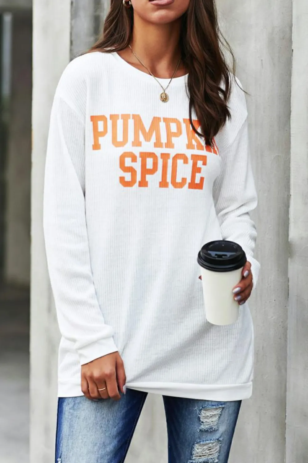 Best Dear-Lover PUMPKIN SPICE Graphic Pullover Knit Top White
