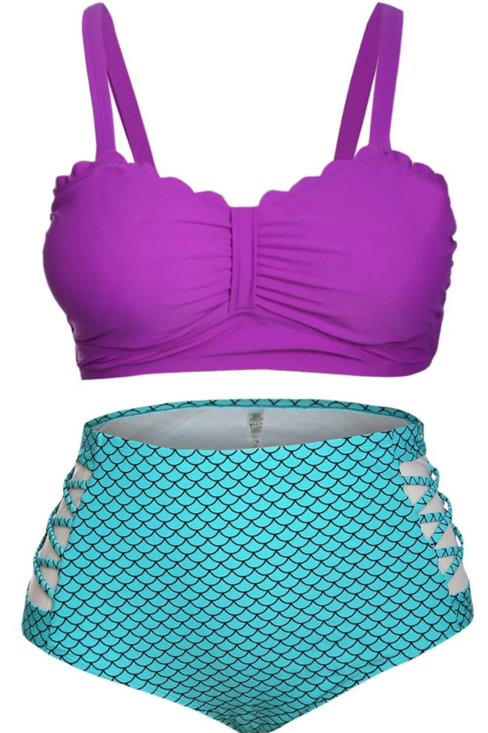 New Dear-Lover Purple & Blue Scalloped Detail High Waist Swimsuit multicolour