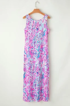 Hot Dear-Lover Abstract Floral Print Sleeveless Maxi Dress Purple