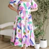Clearance Dear-Lover Abstract Print Puff Sleeve Smocked Back Midi Dress Purple