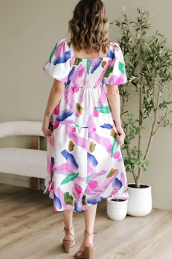 Clearance Dear-Lover Abstract Print Puff Sleeve Smocked Back Midi Dress Purple