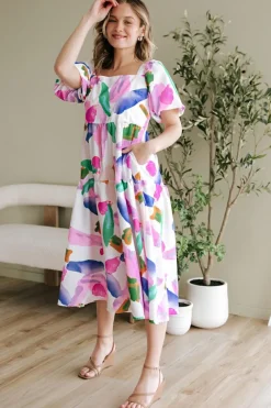 Clearance Dear-Lover Abstract Print Puff Sleeve Smocked Back Midi Dress Purple