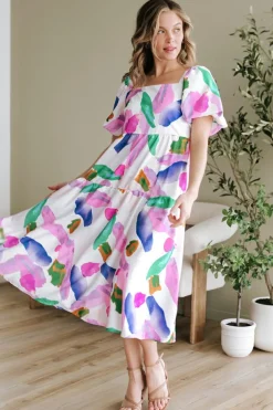 Clearance Dear-Lover Abstract Print Puff Sleeve Smocked Back Midi Dress Purple