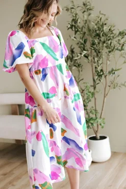 Clearance Dear-Lover Abstract Print Puff Sleeve Smocked Back Midi Dress Purple
