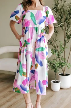 Clearance Dear-Lover Abstract Print Puff Sleeve Smocked Back Midi Dress Purple