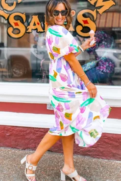 Clearance Dear-Lover Abstract Print Puff Sleeve Smocked Back Midi Dress Purple