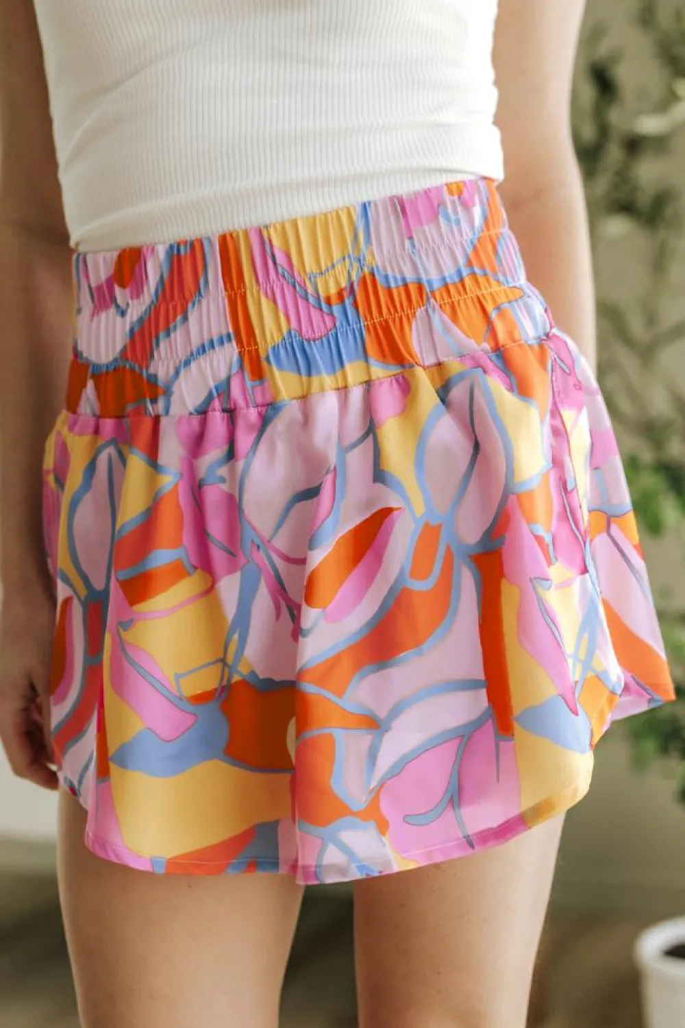 New Dear-Lover Abstract Print Smock Waist Casual Shorts Purple