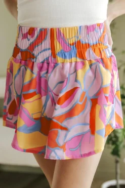 New Dear-Lover Abstract Print Smock Waist Casual Shorts Purple