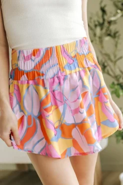 New Dear-Lover Abstract Print Smock Waist Casual Shorts Purple