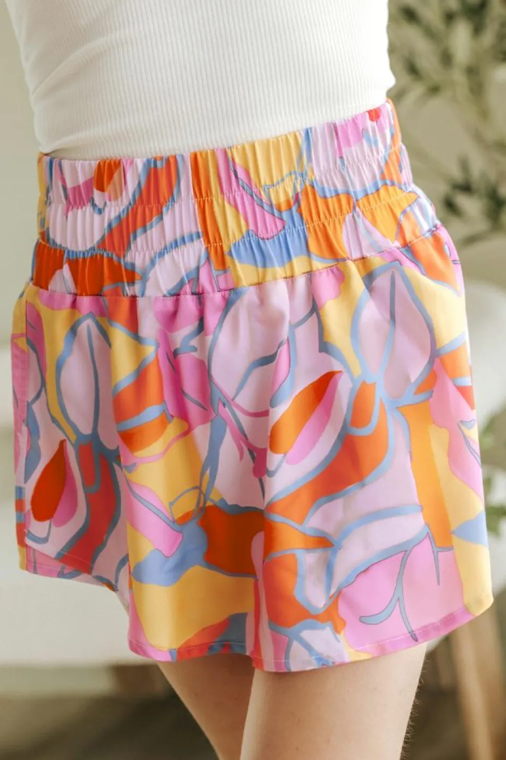 New Dear-Lover Abstract Print Smock Waist Casual Shorts Purple